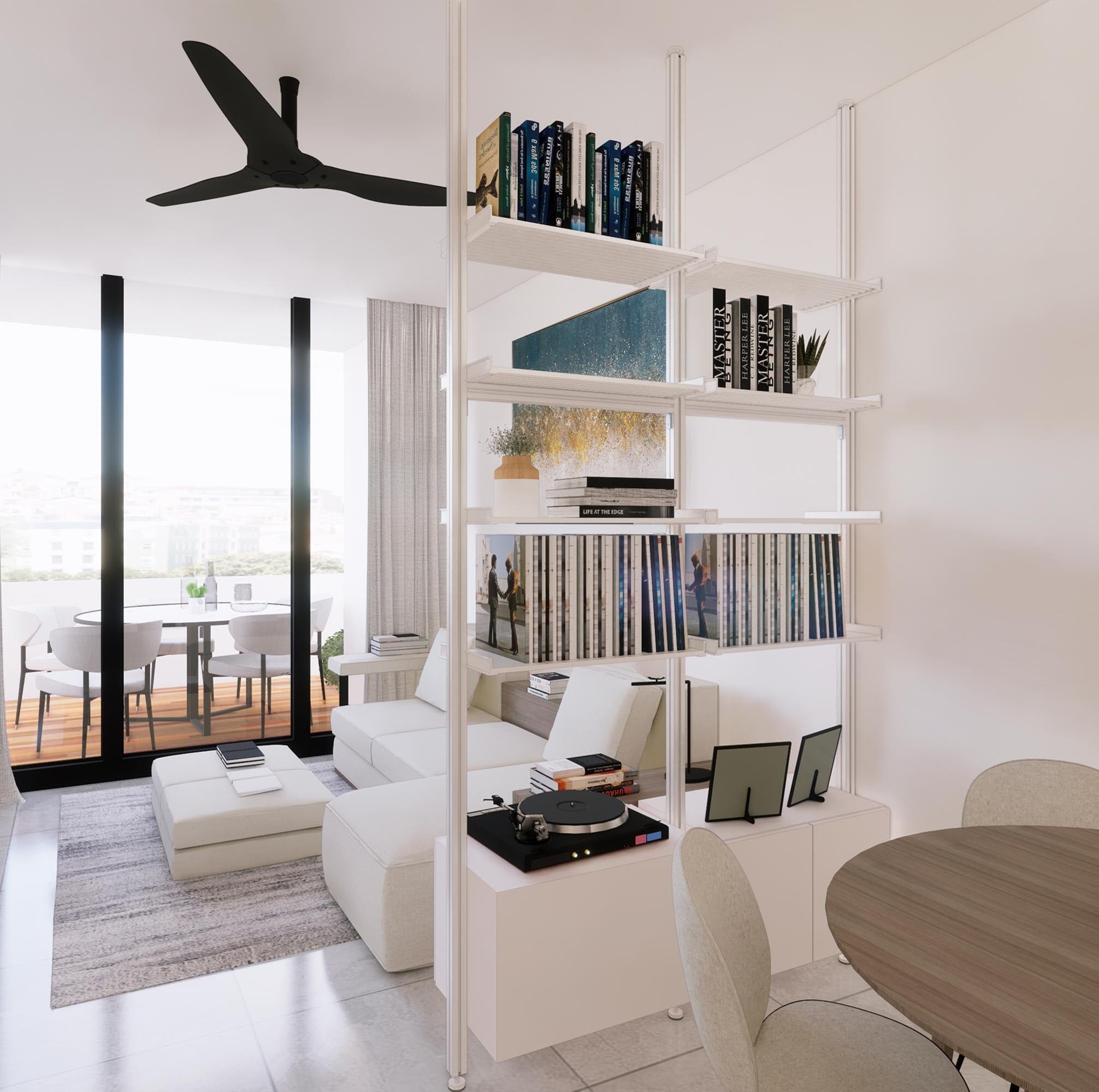 ModShelf Floor to Ceiling Room Divider Shelving with Cabinets
