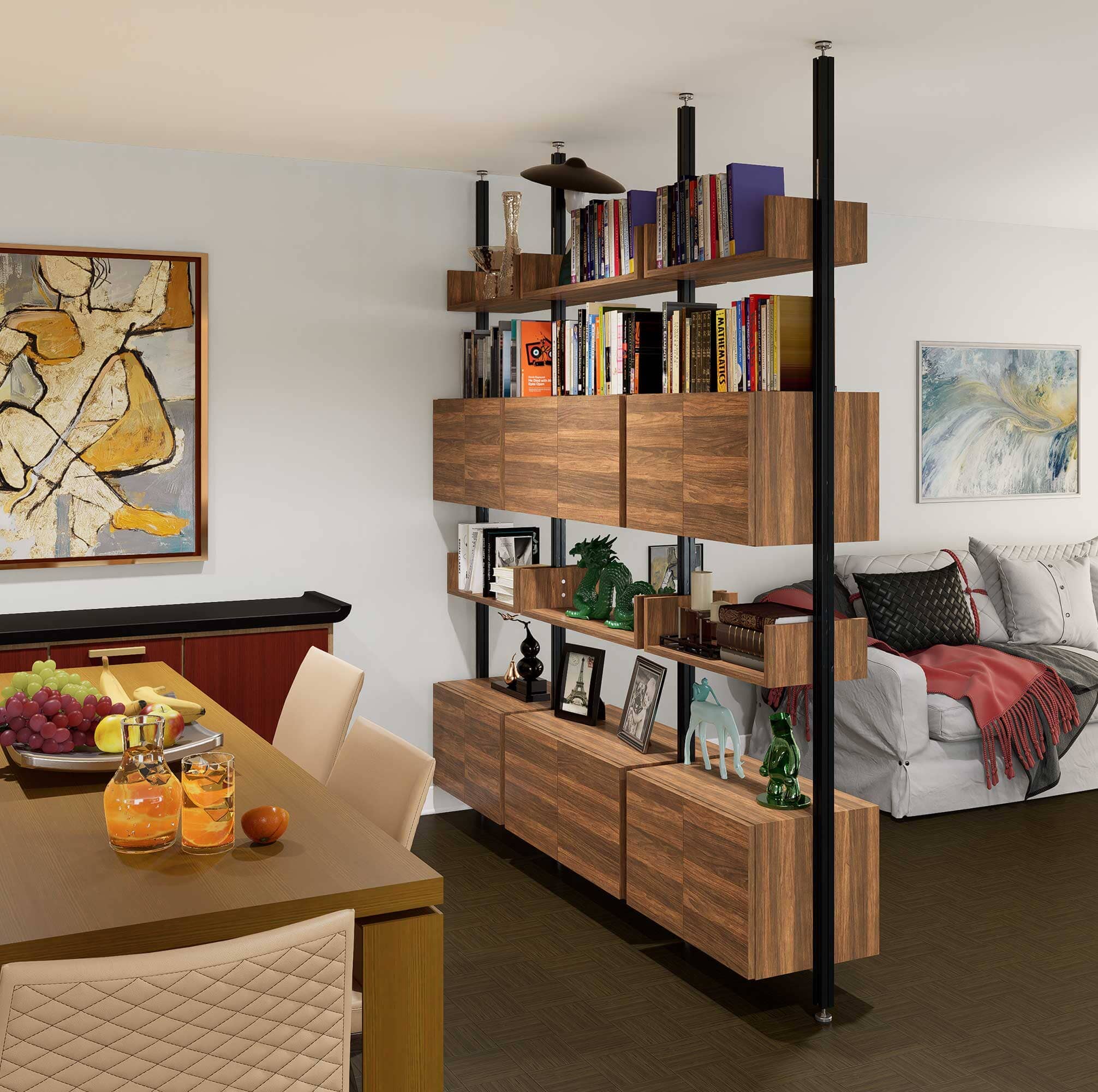 ModShelf Floor to Ceiling Room Divider Shelving w/Cabinets