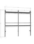 Technical drawing of a two-bay retail display shelving unit, showing overall dimensions and open shelf layout.