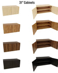 Retail display shelving unit with Casting Light shelves, satin vertical posts, and base cabinets in a 31-inch, one-bay configuration, shown with open display shelving.