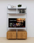 Modular media shelving unit with satin shelves and satin vertical posts, with Tea for Two wood cabinet storage, two bays, shown with open shelf levels.