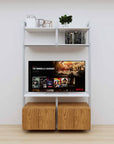 Modular media shelving unit with white shelves and satin vertical posts, with Tea for Two wood cabinet storage, two bays, shown with open shelf levels.