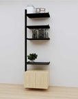 Modular media shelving extension with black shelves and black vertical post, with Casting Light wood cabinet storage, one bay, 24-inch shelf width, shown with open shelf levels.