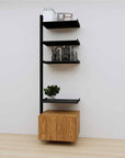 Modular media shelving extension with black shelves and black vertical post, with Tea for Two wood cabinet storage, one bay, 24-inch shelf width, shown with open shelf levels.