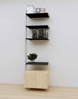 Modular media shelving extension with black shelves and satin vertical post, with Casting Light wood cabinet storage, one bay, 24-inch shelf width, shown with open shelf levels.