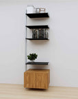 Modular media shelving extension with black shelves and satin vertical post, with Tea for Two wood cabinet storage, one bay, 24-inch shelf width, shown with open shelf levels.