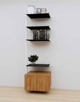 Modular media shelving extension with black shelves and white vertical post, with Tea for Two wood cabinet storage, one bay, 24-inch shelf width, shown with open shelf levels.