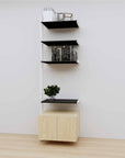 Modular media shelving extension with black shelves and white vertical post, with Casting Light wood cabinet storage, one bay, 24-inch shelf width, shown with open shelf levels.