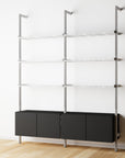 Modular Shelving Units - Aluminum Shelves + Wood Cabinets