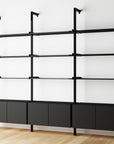 Modular Shelving Units - Aluminum Shelves + Wood Cabinets