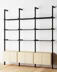 Modular Shelving Units - Aluminum Shelves + Wood Cabinets