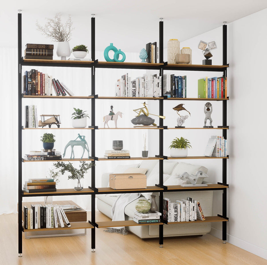 View of Aluminaire Wood Inspired Floor to Ceiling Shelving Room Divider ...