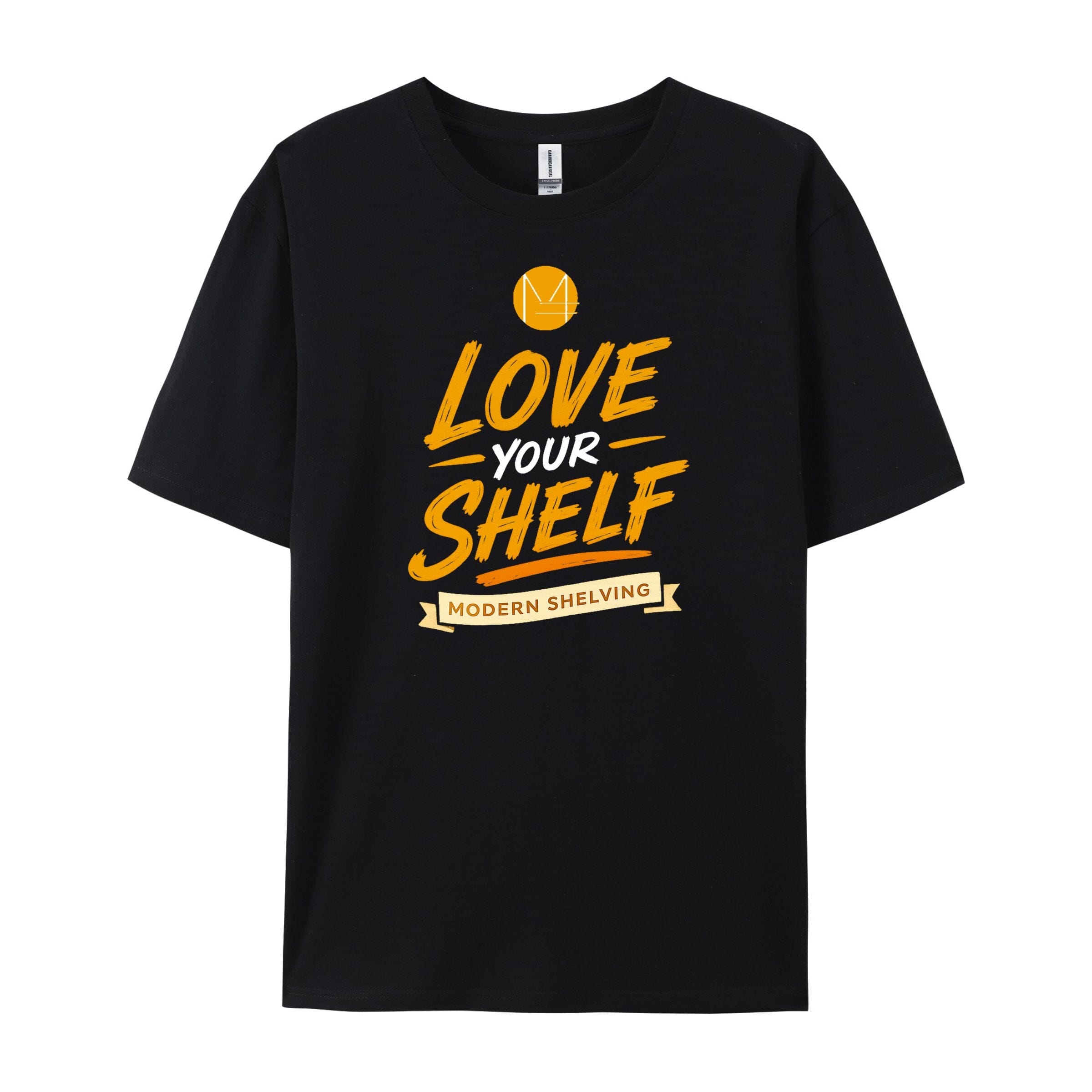 Black Modern Shelving graphic T-shirt with Modern Shelving M Style “Love Your Shelf” Tee design, shown in product image.