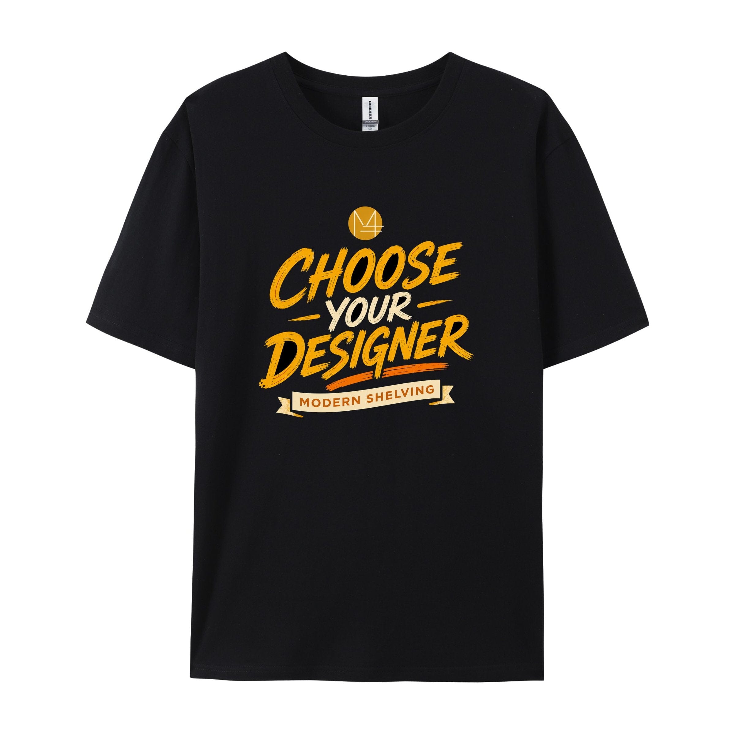 Black Modern Shelving graphic T-shirt with Choose Your Designer Graphic Tee - Modern Shelving Edition design, shown in product image.