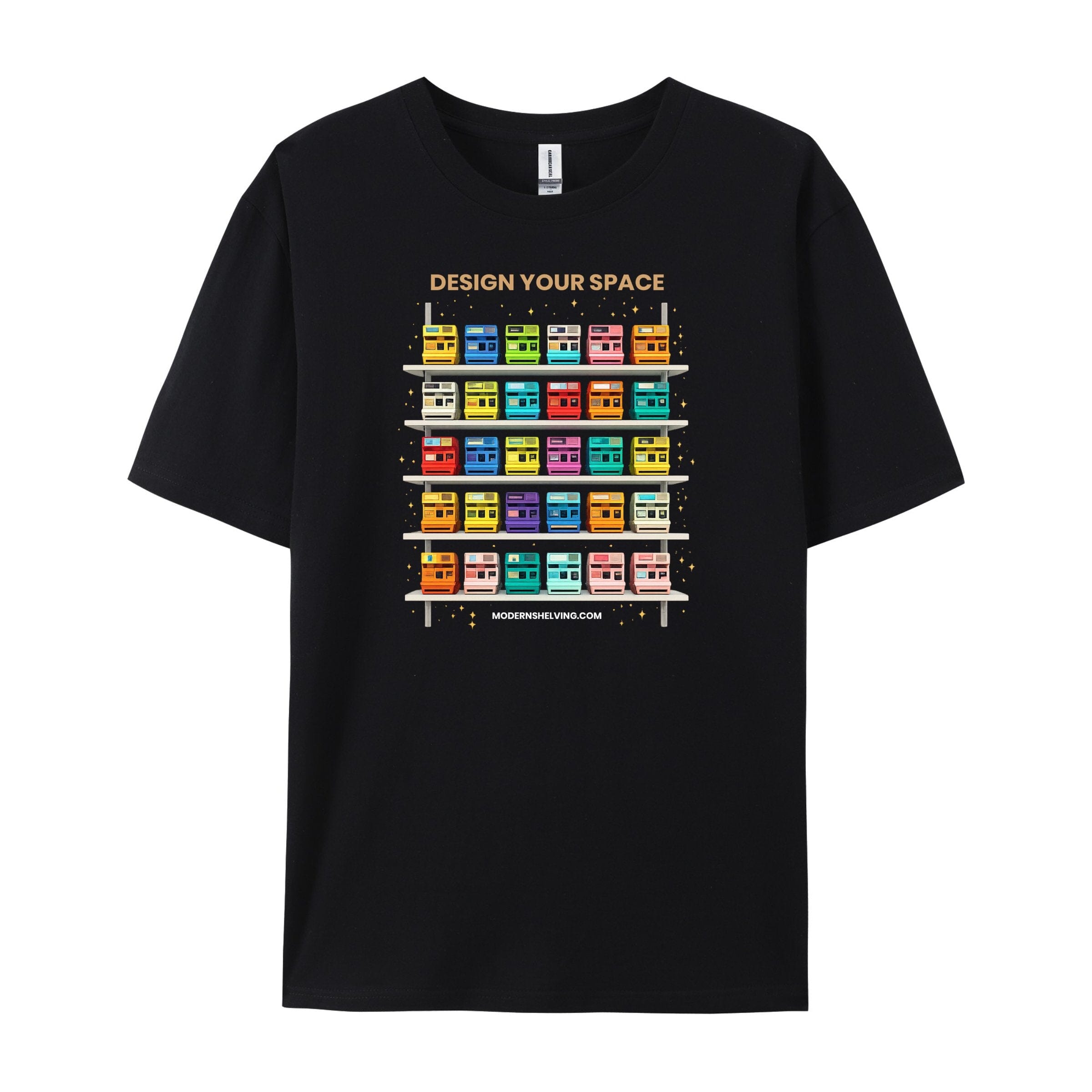 Black Modern Shelving graphic T-shirt with Design Your Space Tee design, shown in product image.