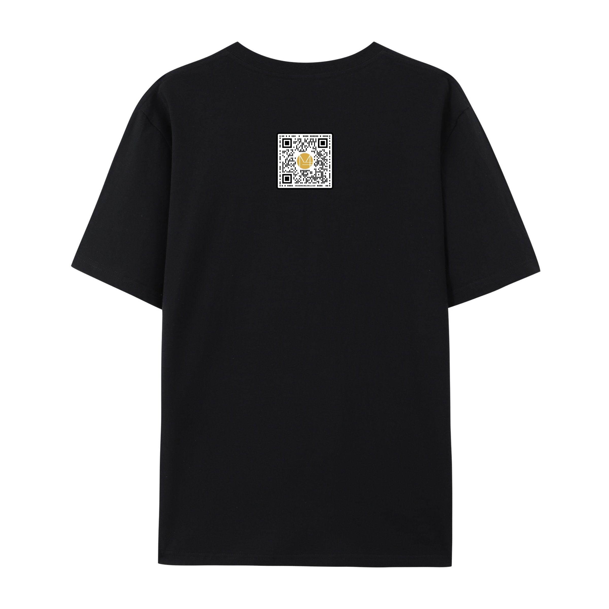 Black Modern Shelving graphic T-shirt with Design Your Space Tee design, shown in product image.