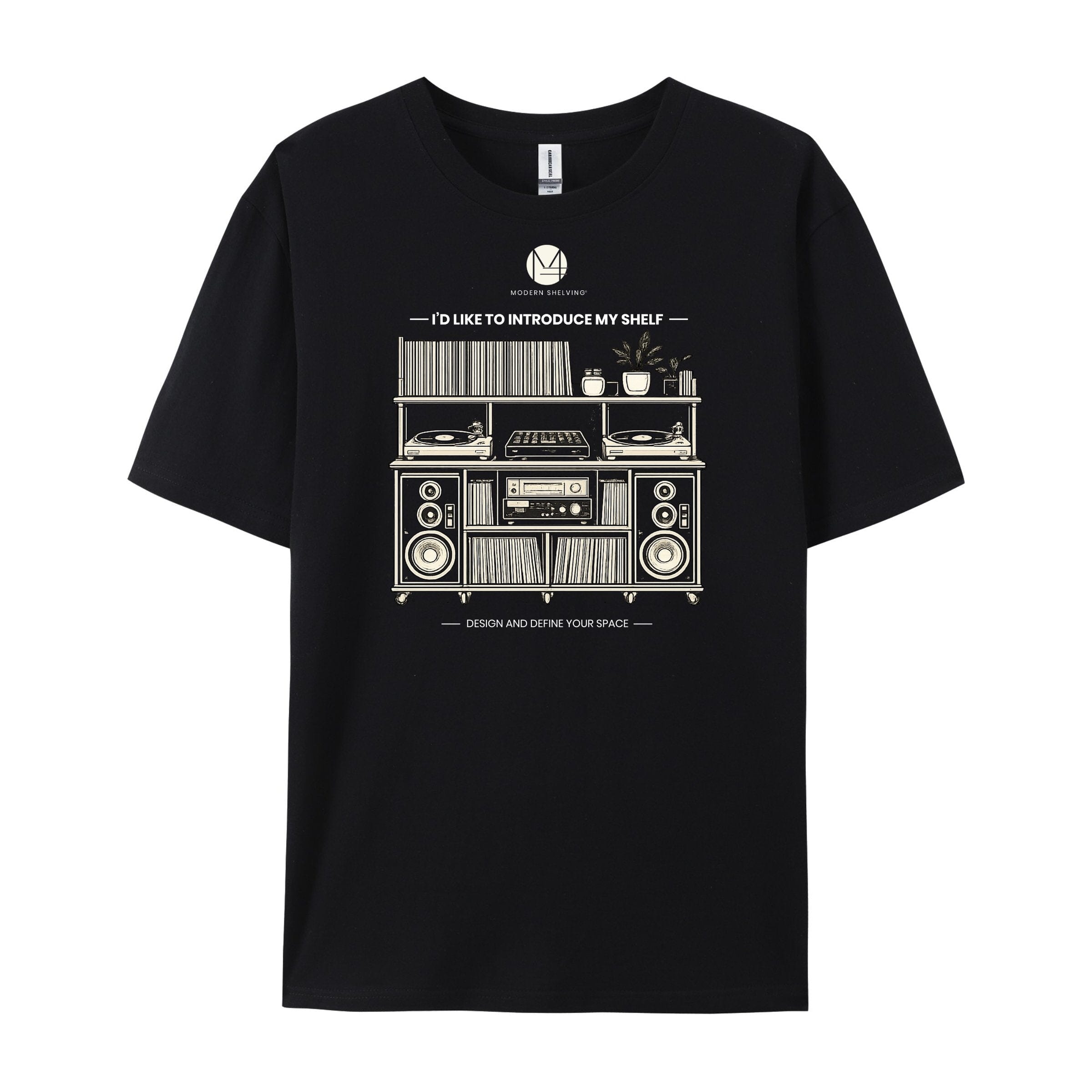 Black Modern Shelving graphic T-shirt with I'd like to introduce my shelf Tee design, shown in product image.