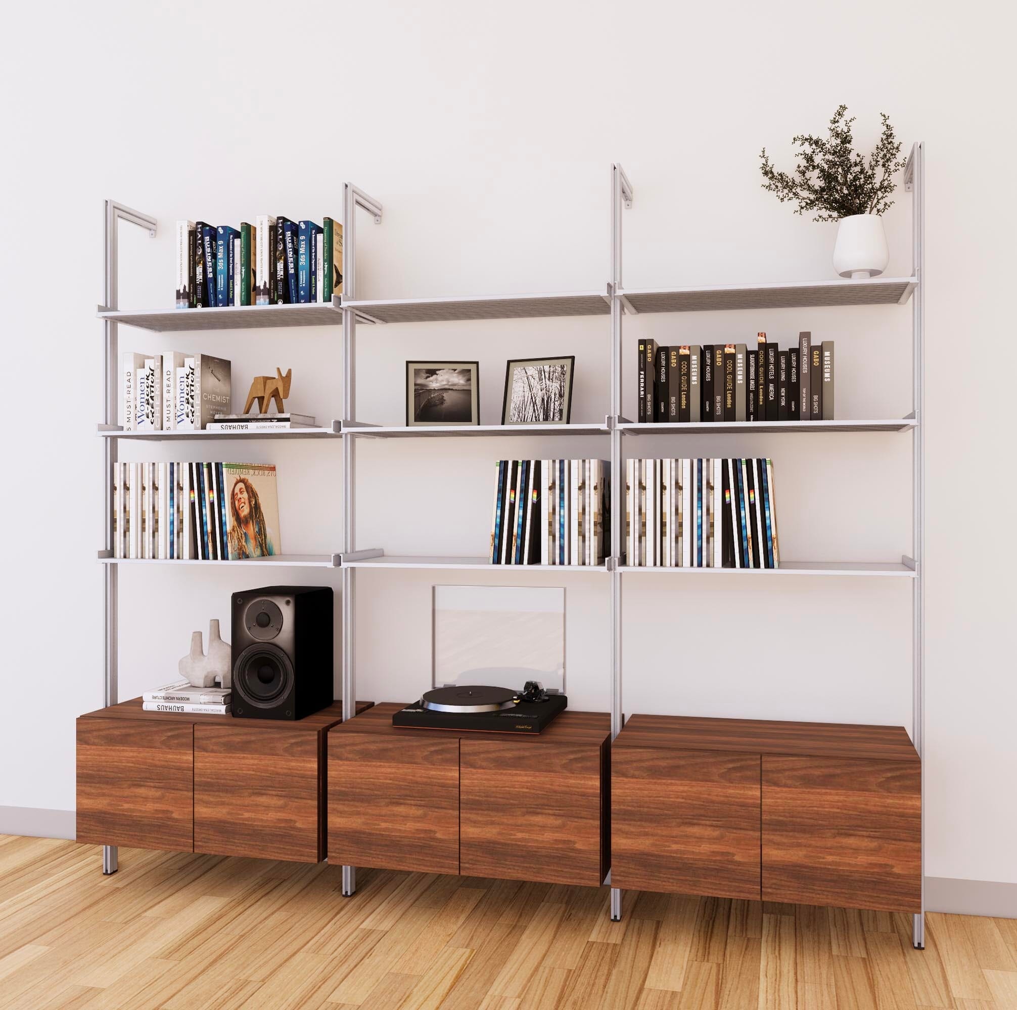 LP Vinyl Media Storage System - Aluminum + Wood Cabinets