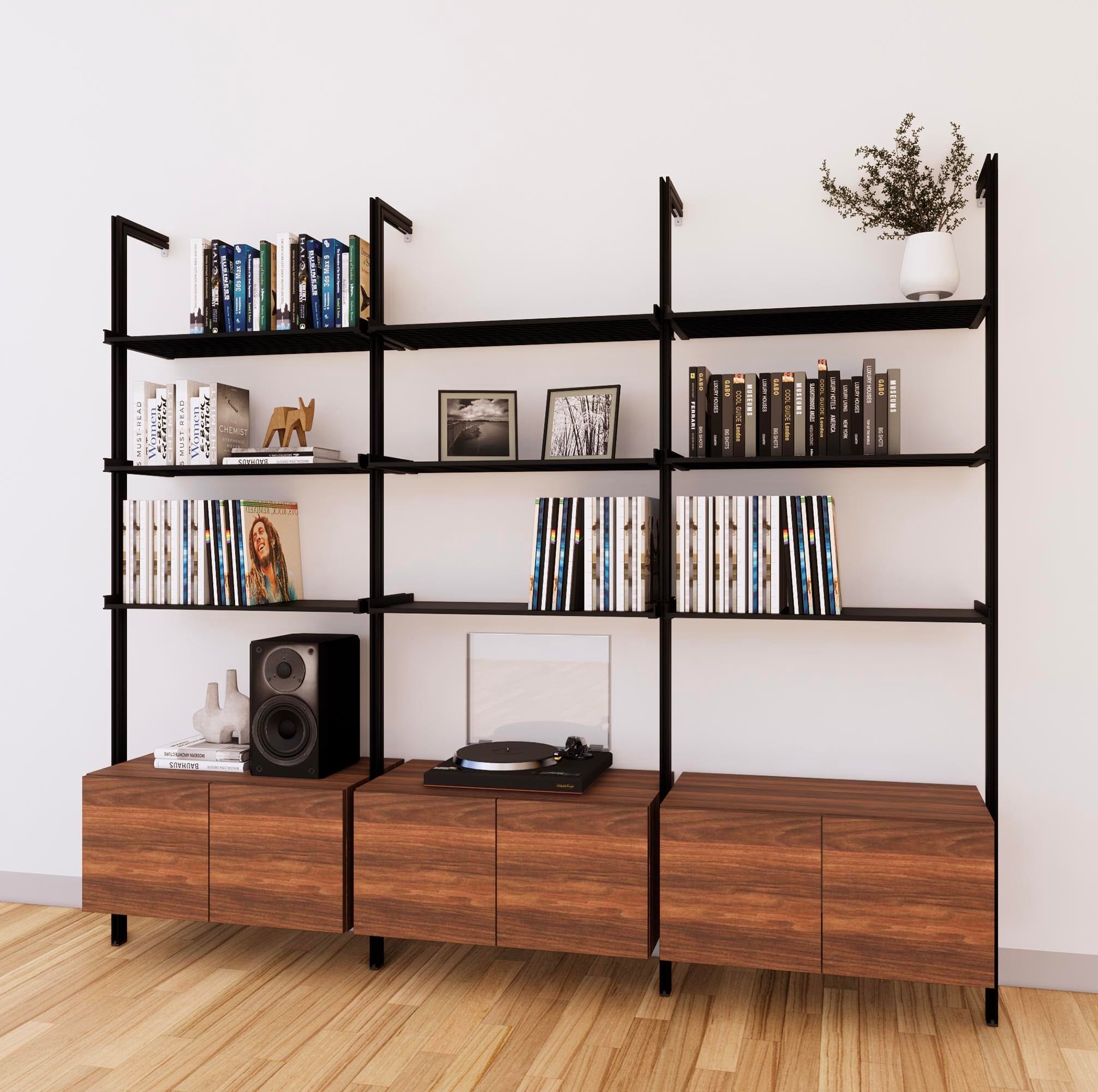 LP Vinyl Media Storage System - Aluminum + Wood Cabinets