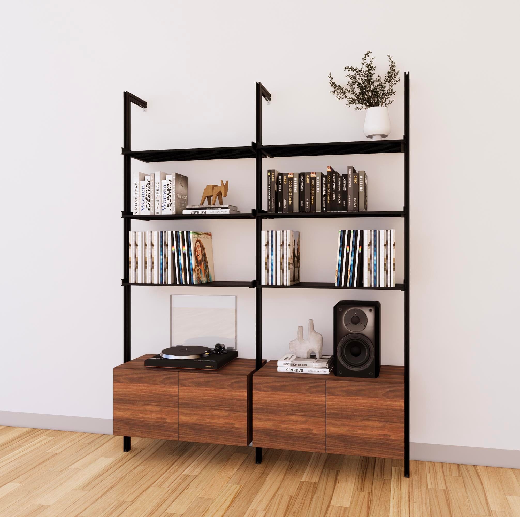 LP Vinyl Media Storage System - Aluminum + Wood Cabinets