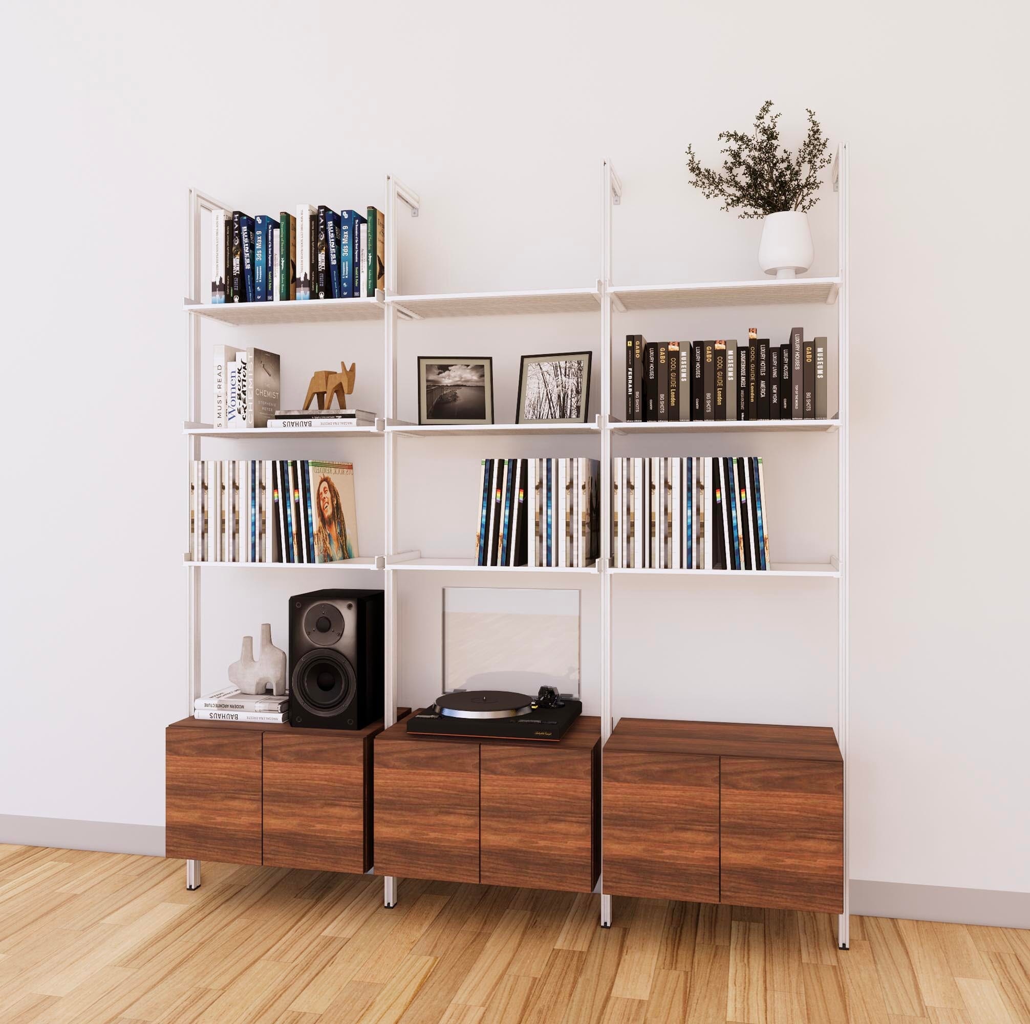 LP Vinyl Media Storage System - Aluminum + Wood Cabinets