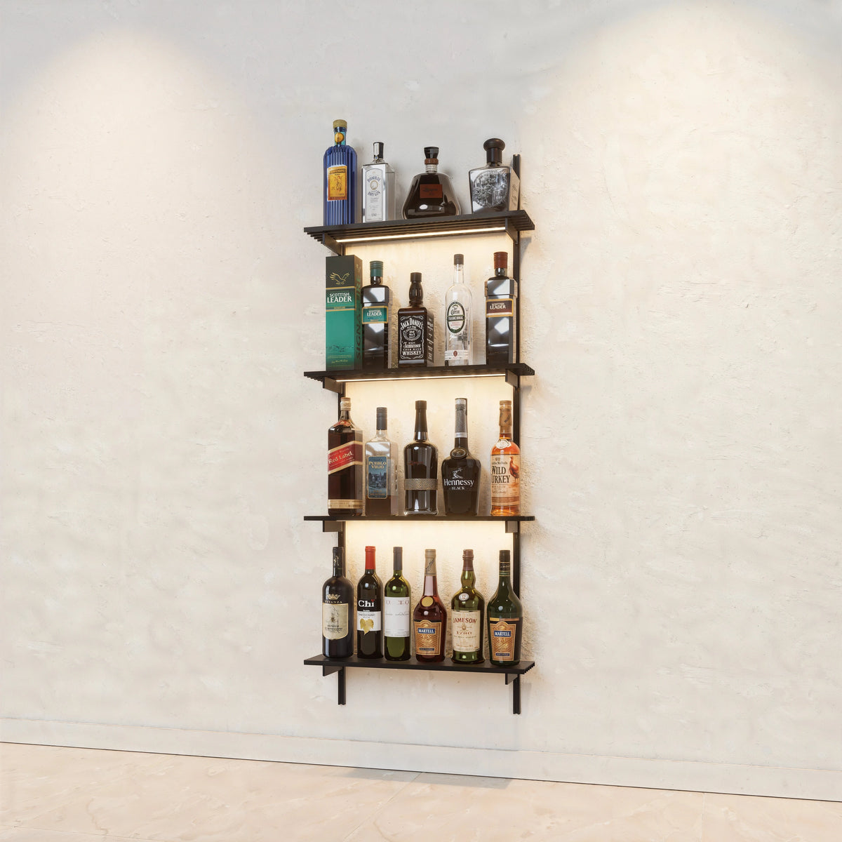 Bottle display shelving unit with black shelves, black vertical posts, and one bay.