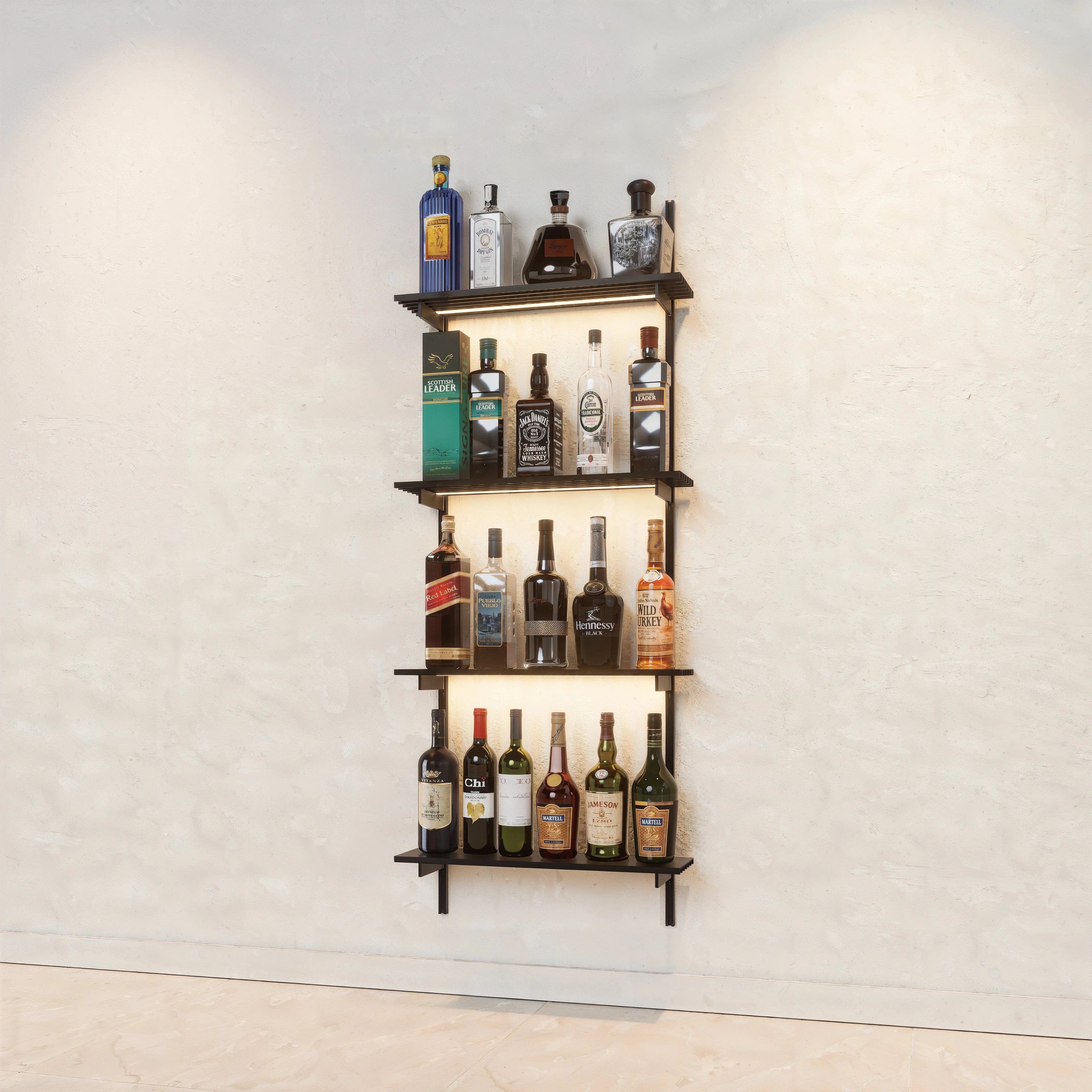 Bottle display shelving unit with black shelves, black vertical posts, and one bay.
