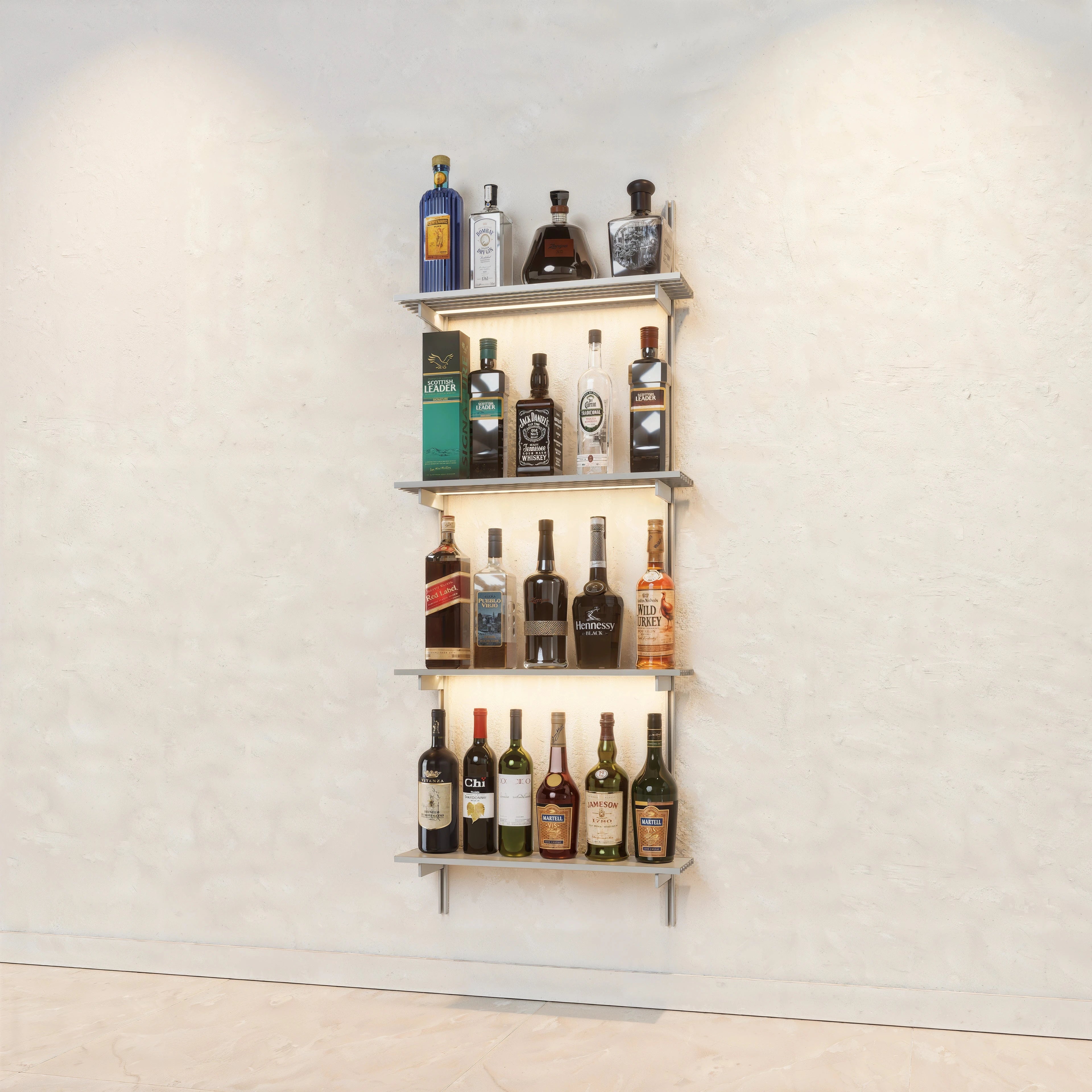 Bottle display shelving unit with satin shelves, satin vertical posts, and one bay.