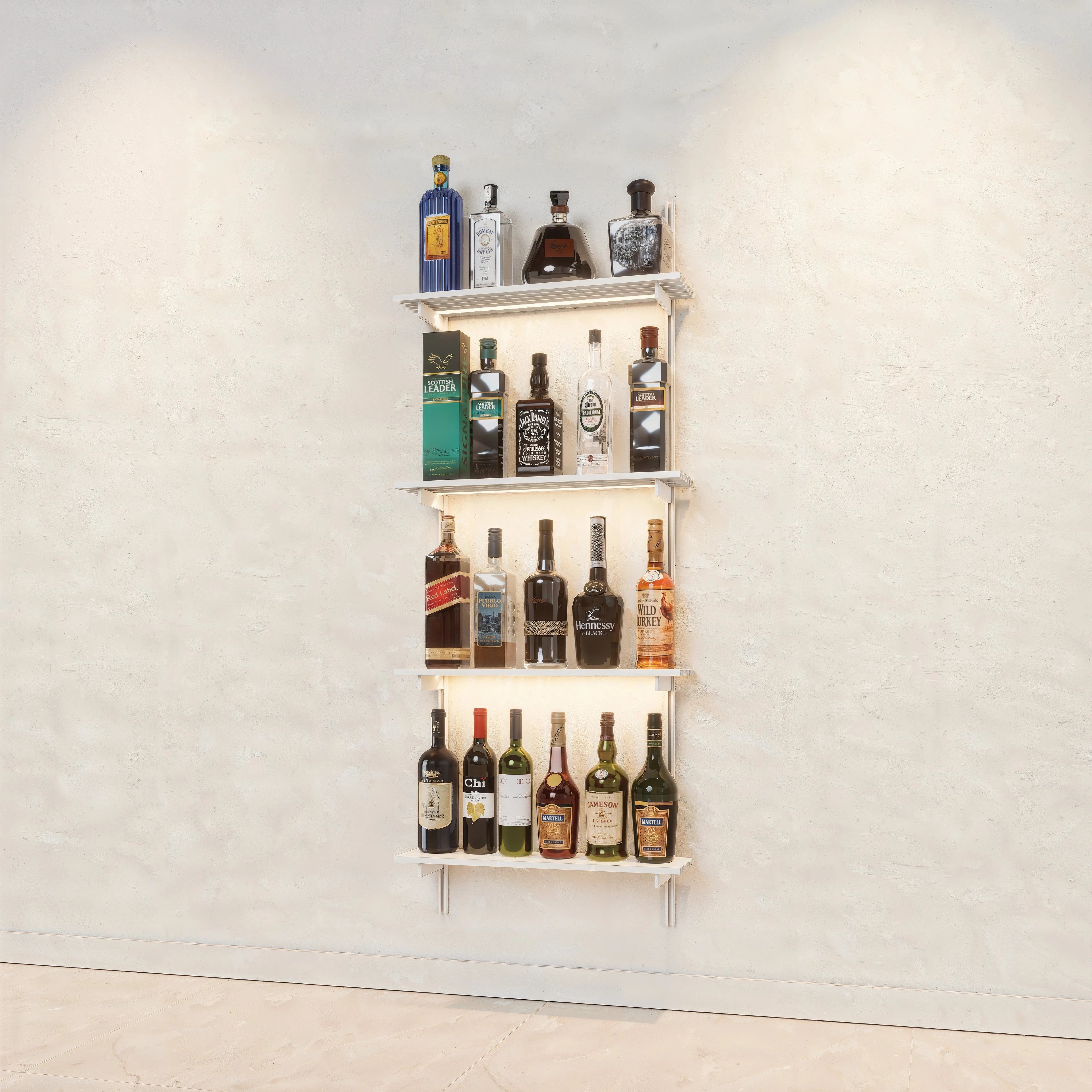 Bottle display shelving unit with white shelves, white vertical posts, and one bay.