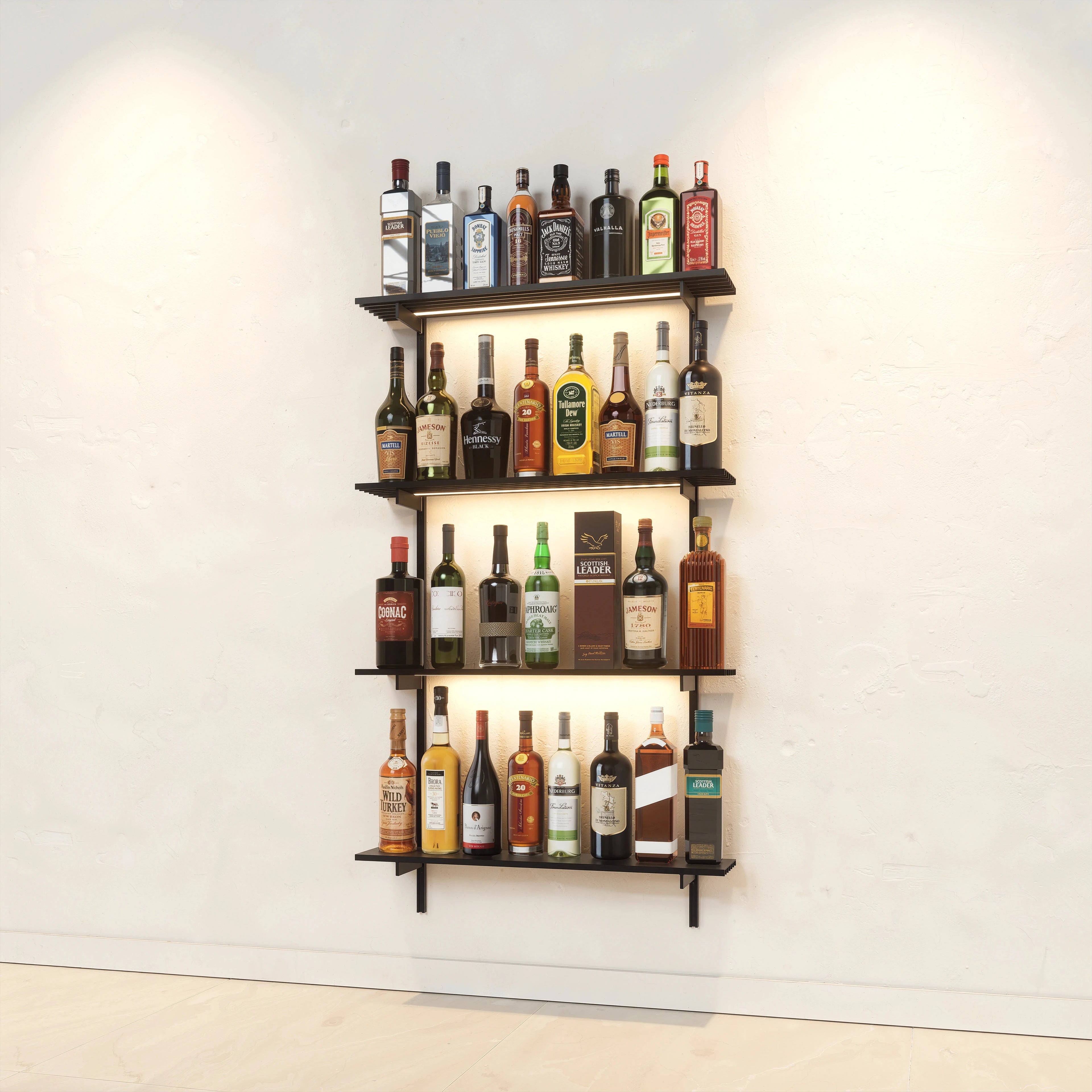 Bottle display shelving unit with black shelves, black vertical posts, and one bay.