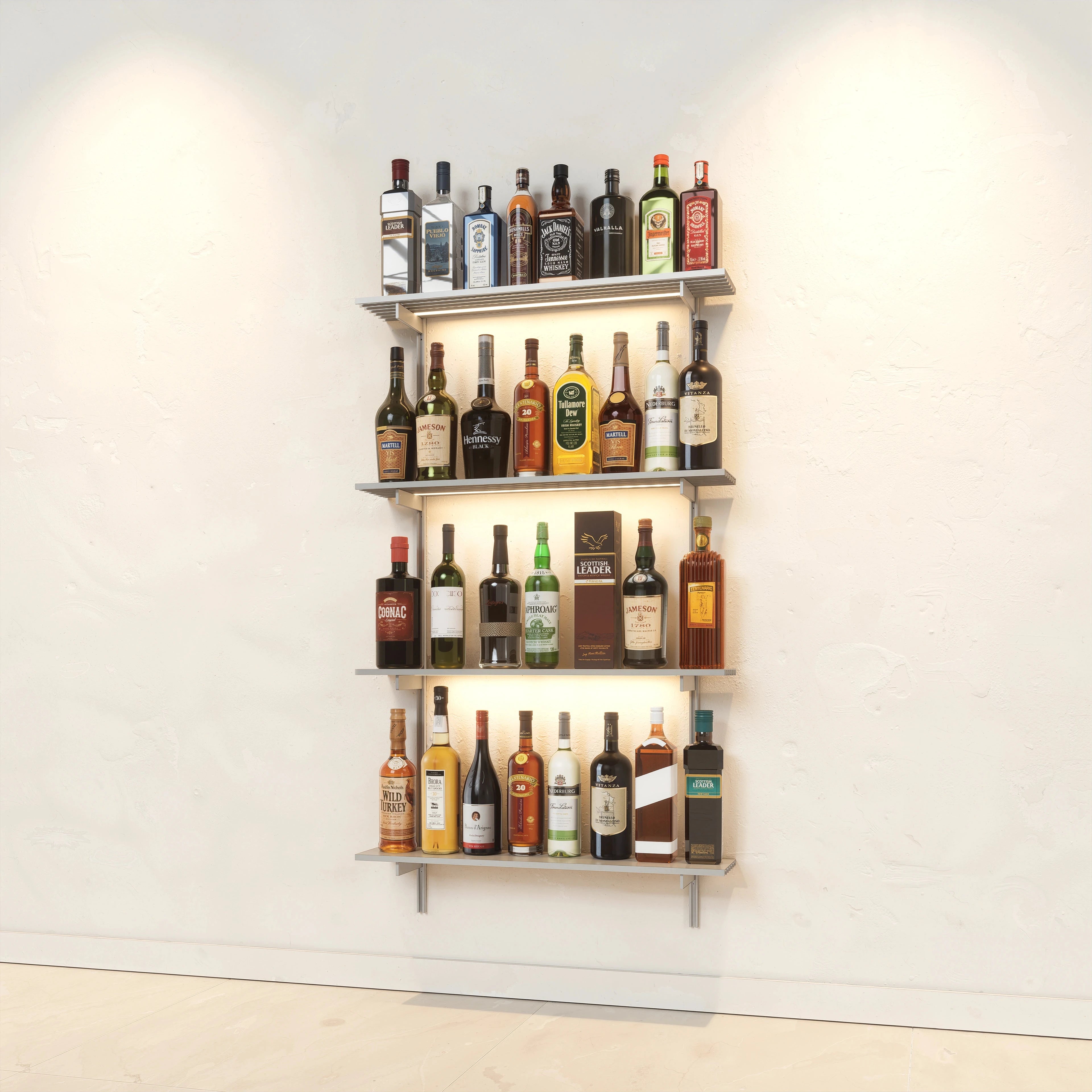 Bottle display shelving unit with satin shelves, satin vertical posts, and one bay.