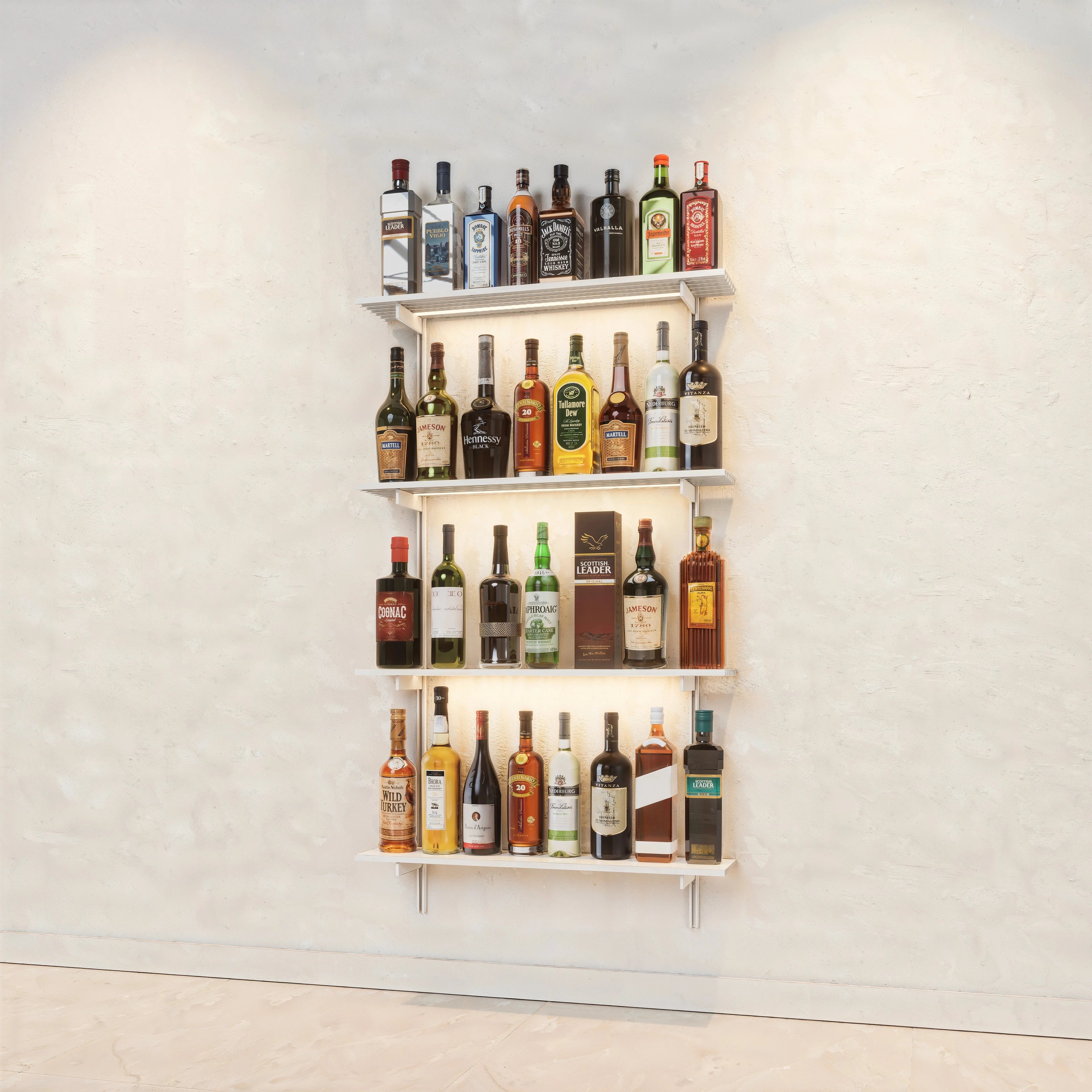 Bottle display shelving unit with white shelves, white vertical posts, and one bay.