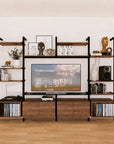 Harmony 4 Bay Media Unit - Aluminum + Wood Shelves and Cabinets