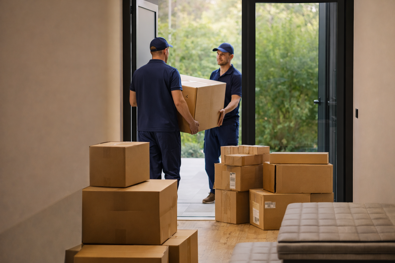 Two movers carrying a box into a room with stacked boxes on the floor.