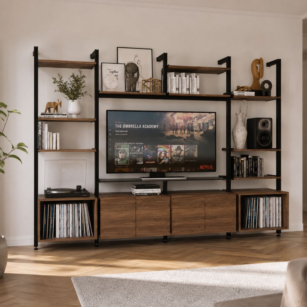 Harmony 4 Bay Media Unit - Aluminum + Wood Shelves and Cabinets