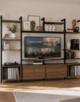 Harmony 4 Bay Media Unit - Aluminum + Wood Shelves and Cabinets