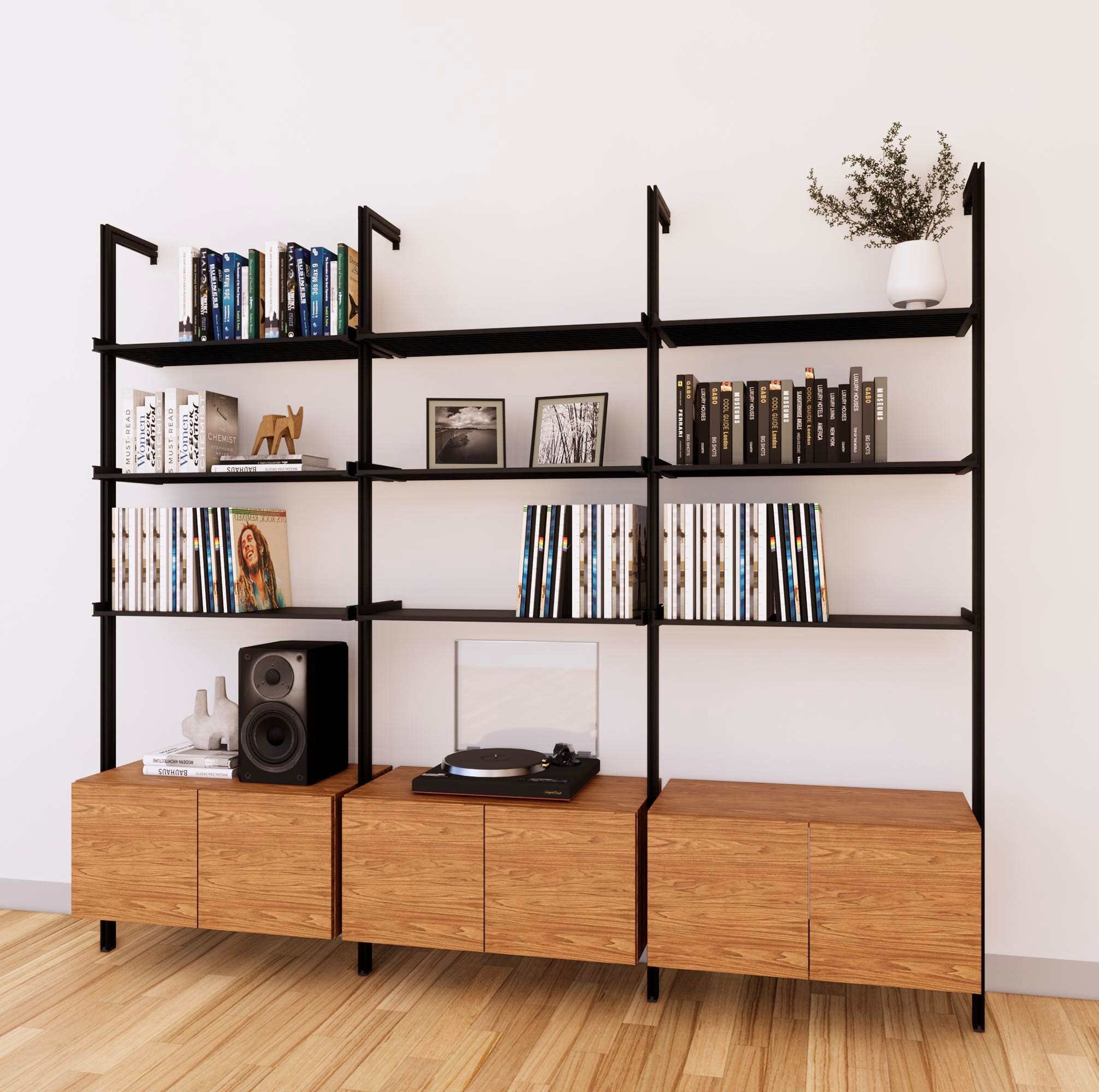 LP Vinyl Media Storage System - Aluminum + Wood Cabinets