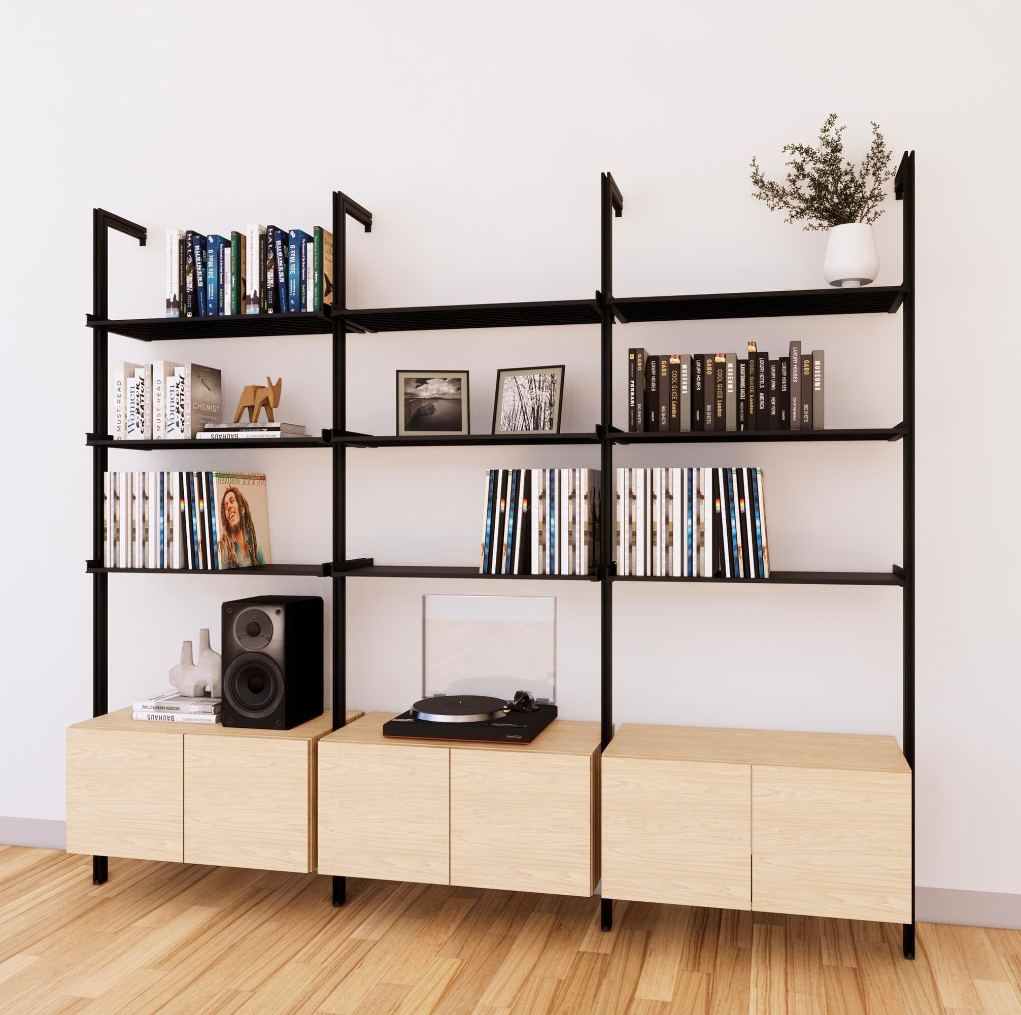 LP Vinyl Media Storage System - Aluminum + Wood Cabinets