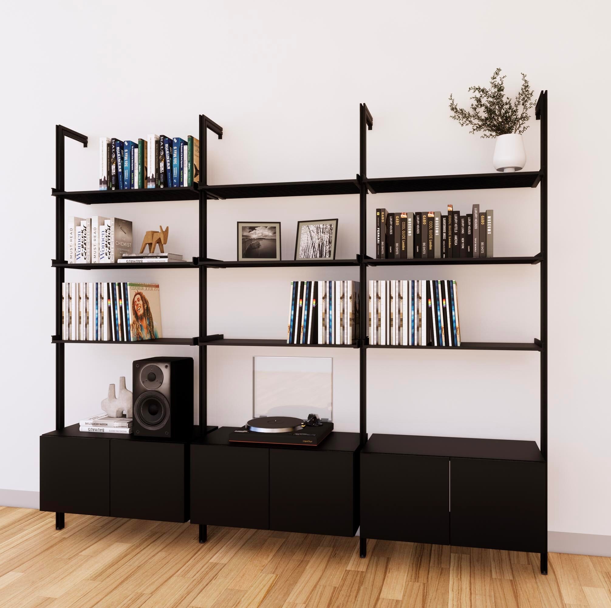 LP Vinyl Media Storage System - Aluminum + Wood Cabinets