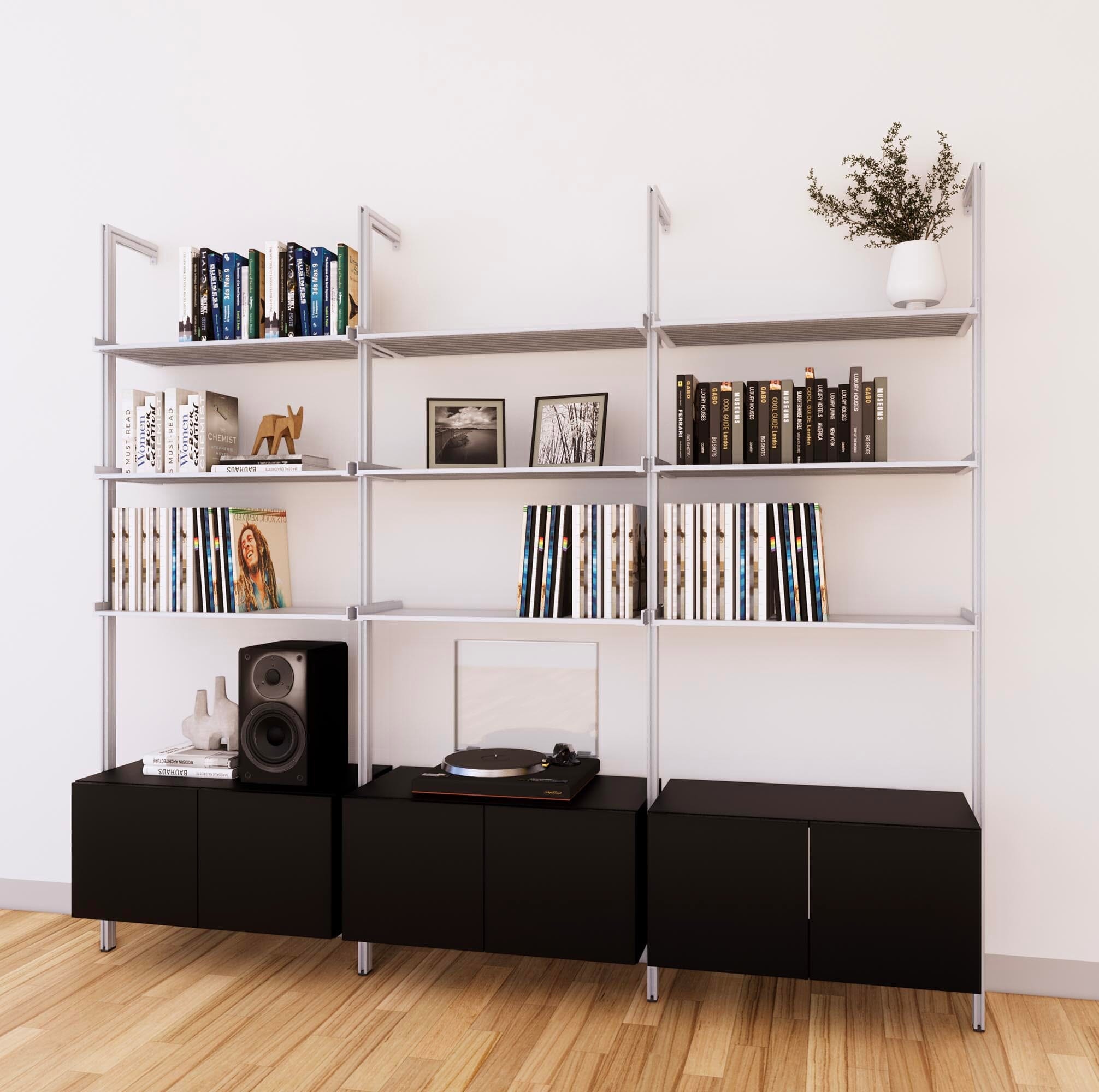 LP Vinyl Media Storage System - Aluminum + Wood Cabinets