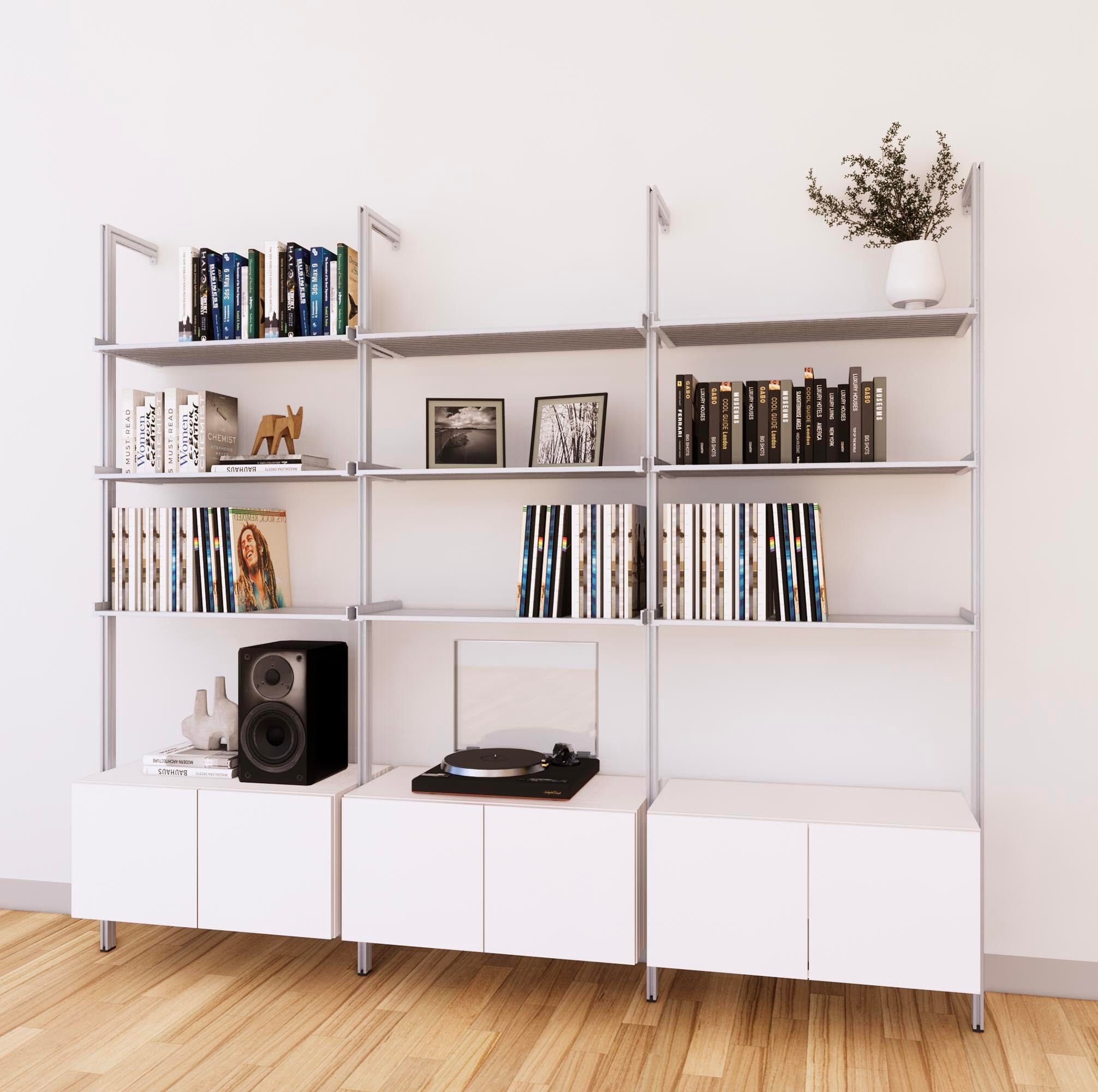 LP Vinyl Media Storage System - Aluminum + Wood Cabinets