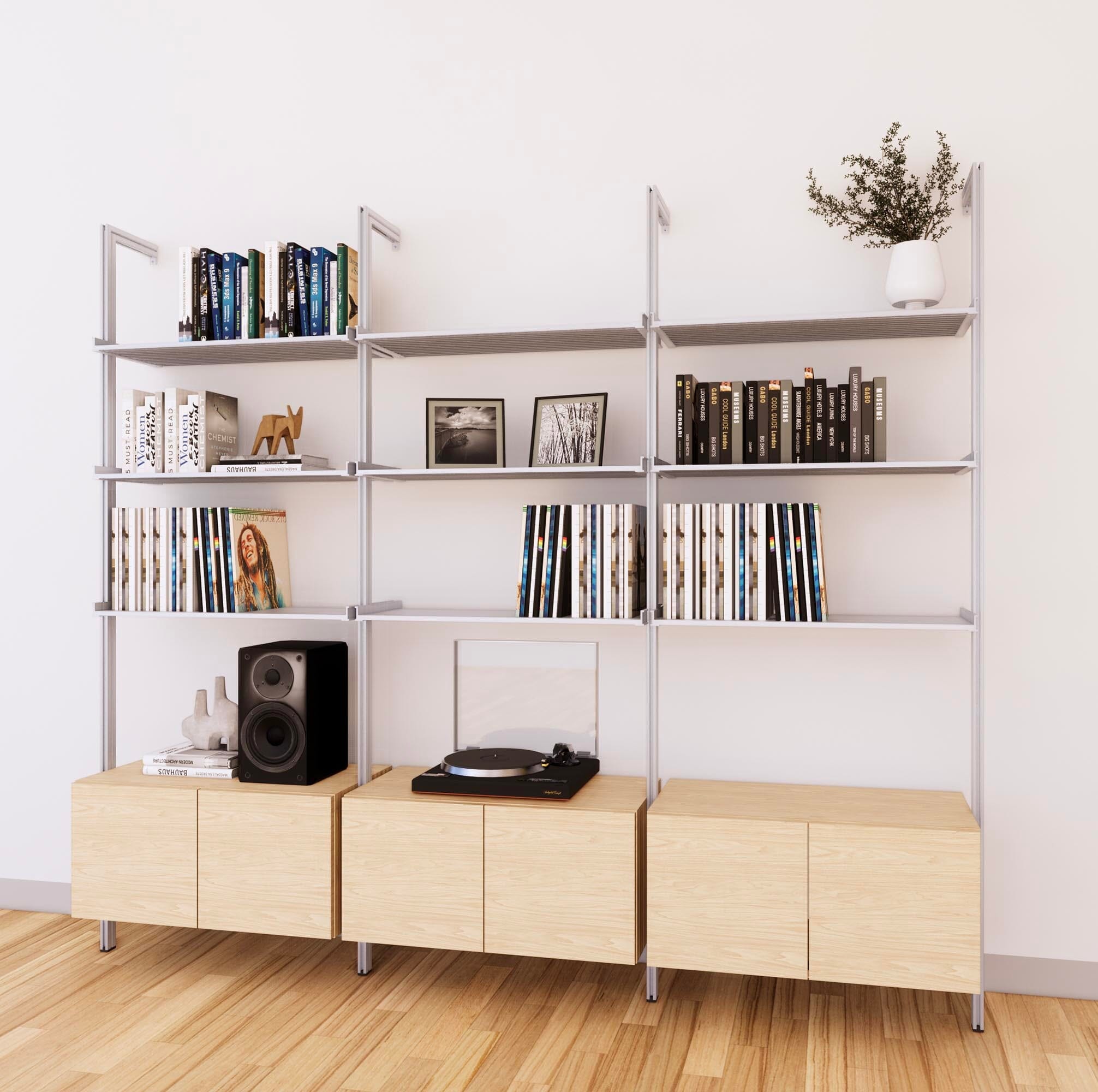 LP Vinyl Media Storage System - Aluminum + Wood Cabinets