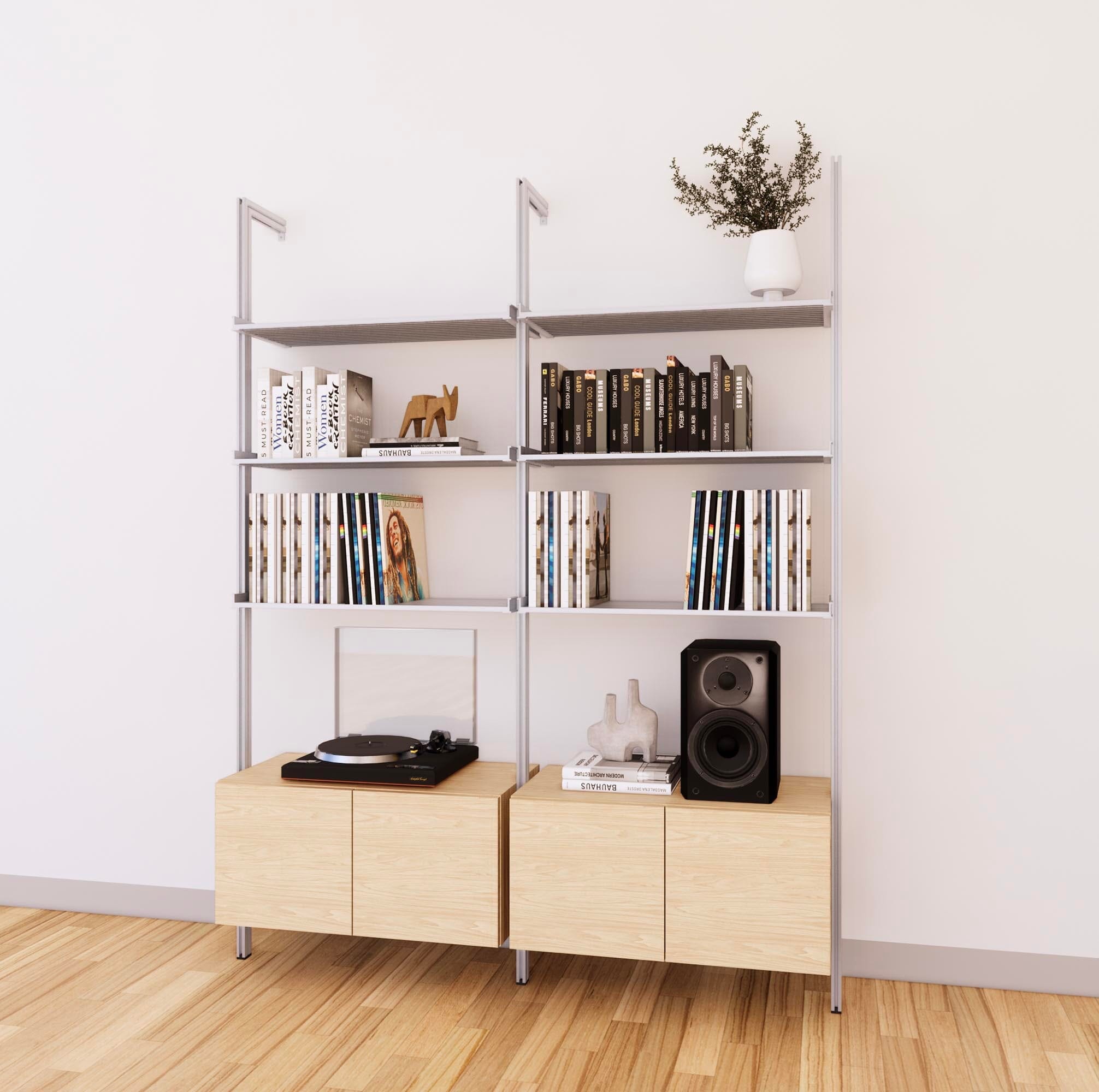 LP Vinyl Media Storage System - Aluminum + Wood Cabinets