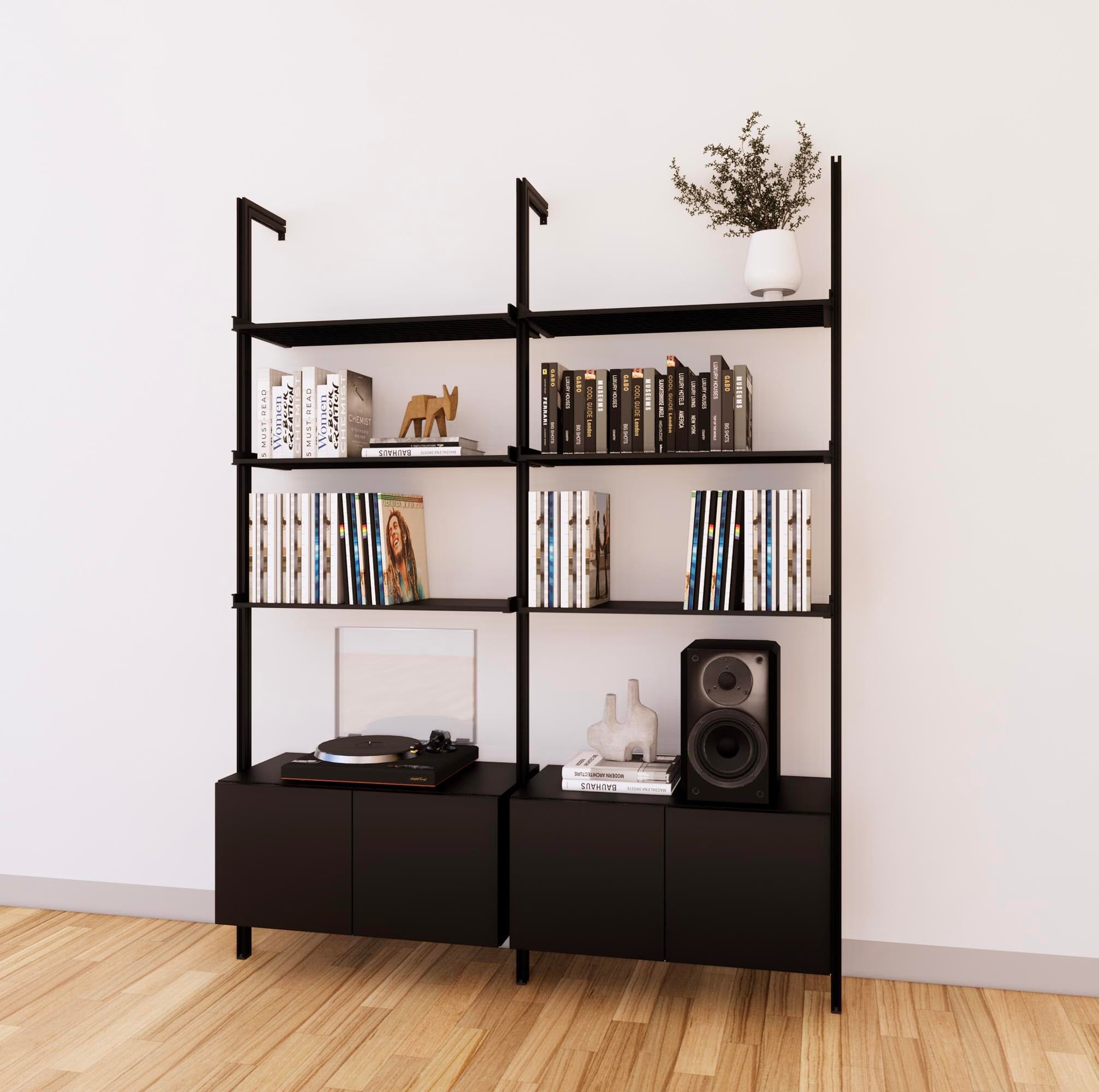 LP Vinyl Media Storage System - Aluminum + Wood Cabinets