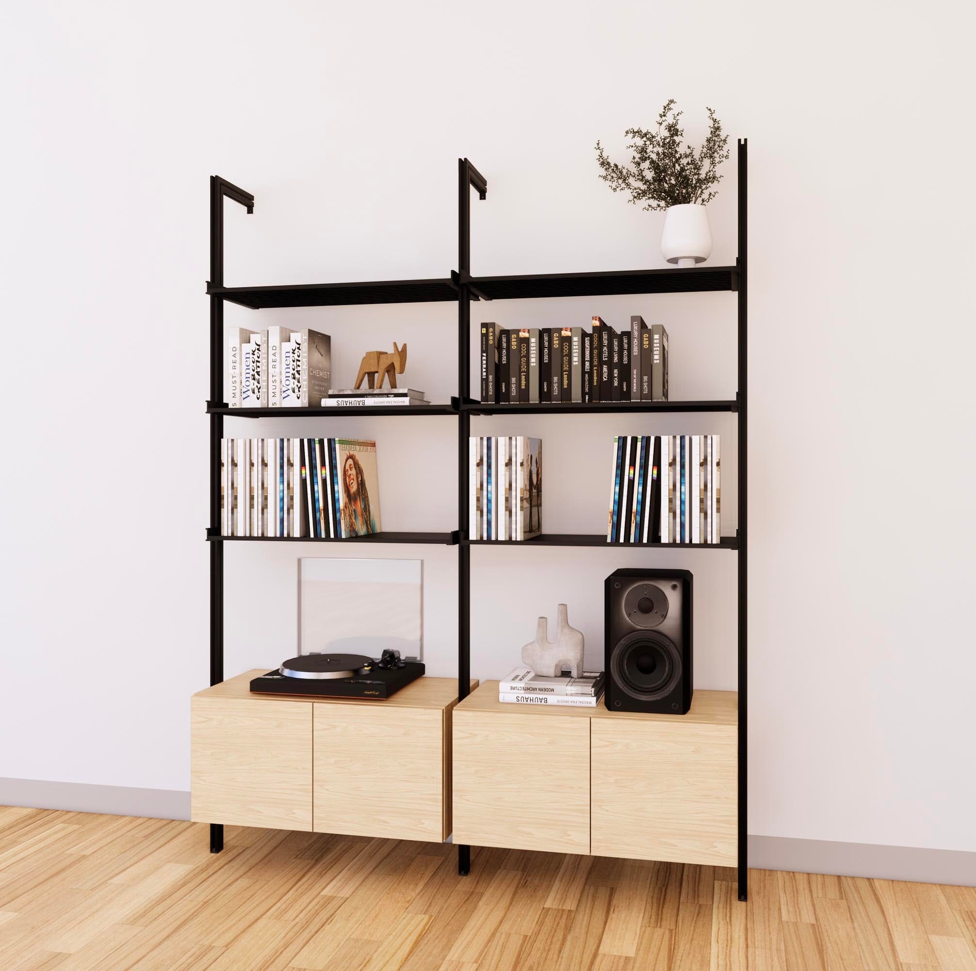 LP Vinyl Media Storage System - Aluminum + Wood Cabinets