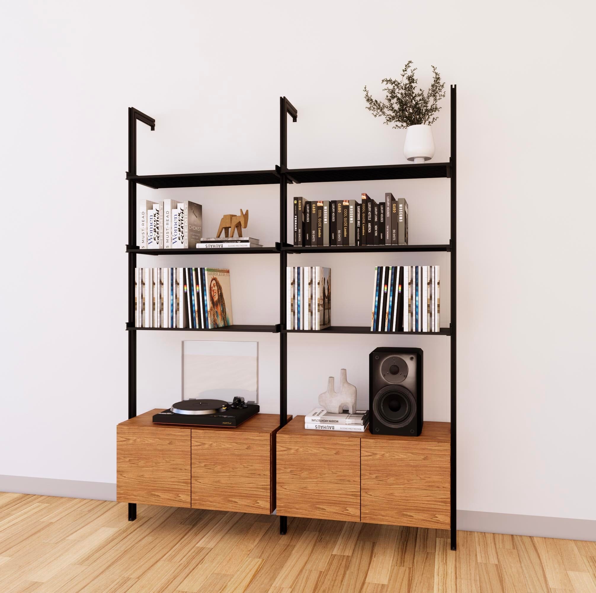 LP Vinyl Media Storage System - Aluminum + Wood Cabinets