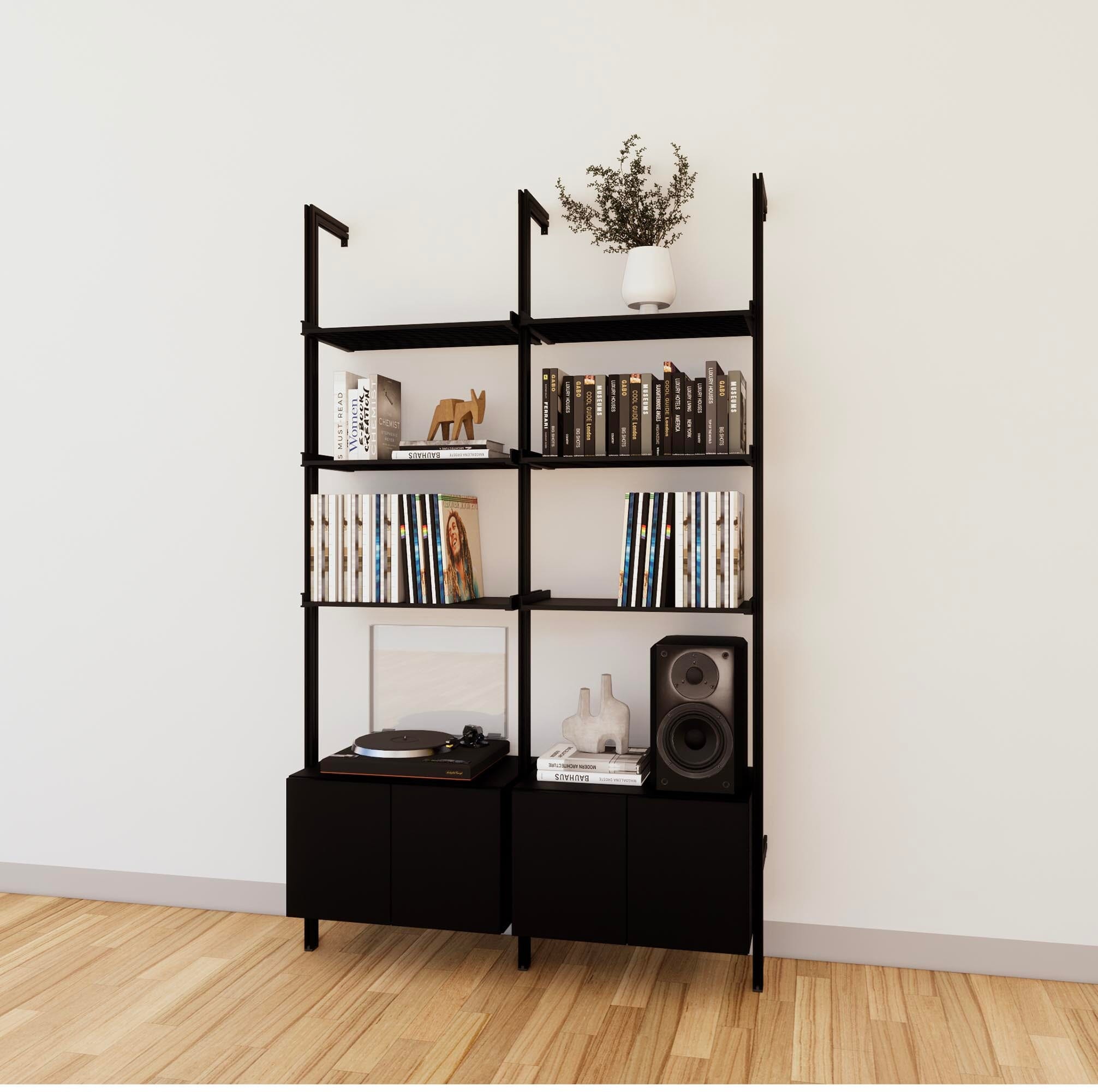 LP Vinyl Media Storage System - Aluminum + Wood Cabinets