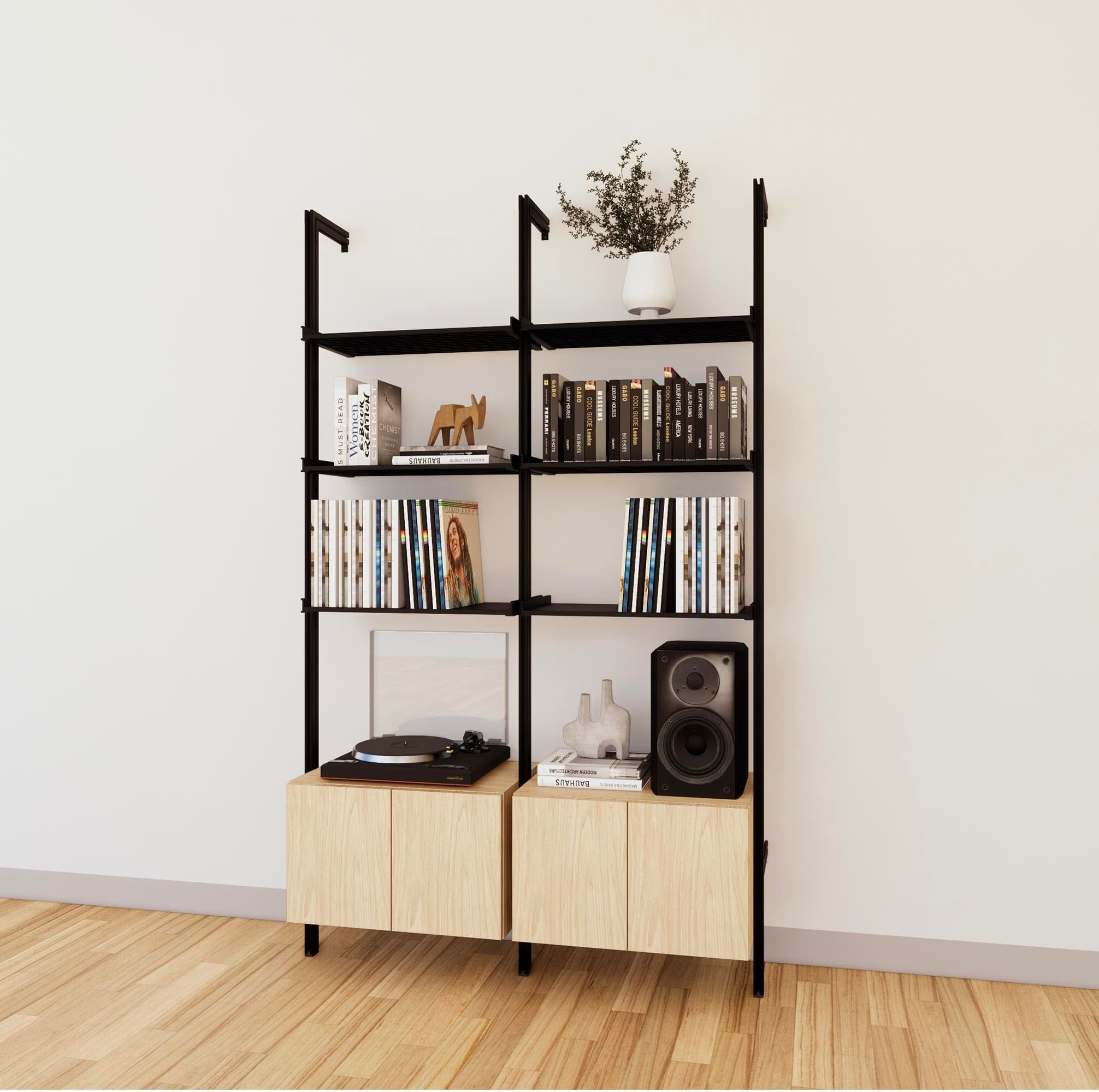 LP Vinyl Media Storage System - Aluminum + Wood Cabinets