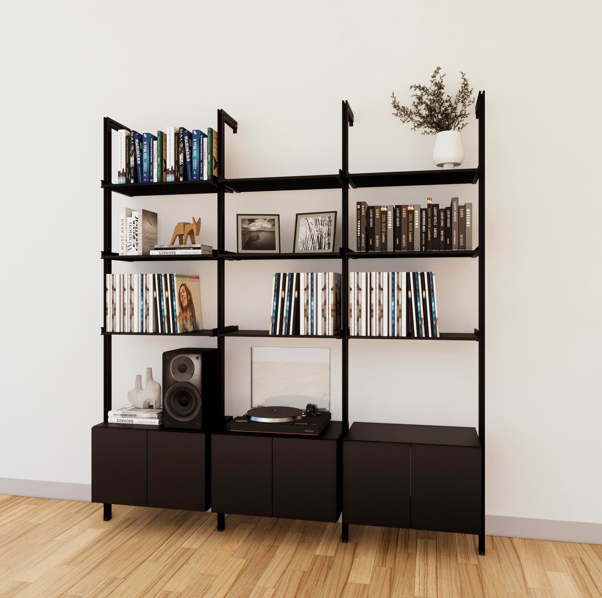 LP Vinyl Media Storage System - Aluminum + Wood Cabinets