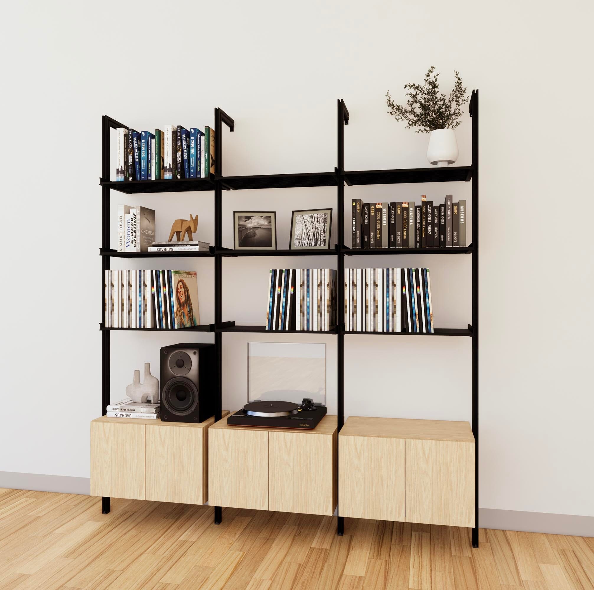 LP Vinyl Media Storage System - Aluminum + Wood Cabinets